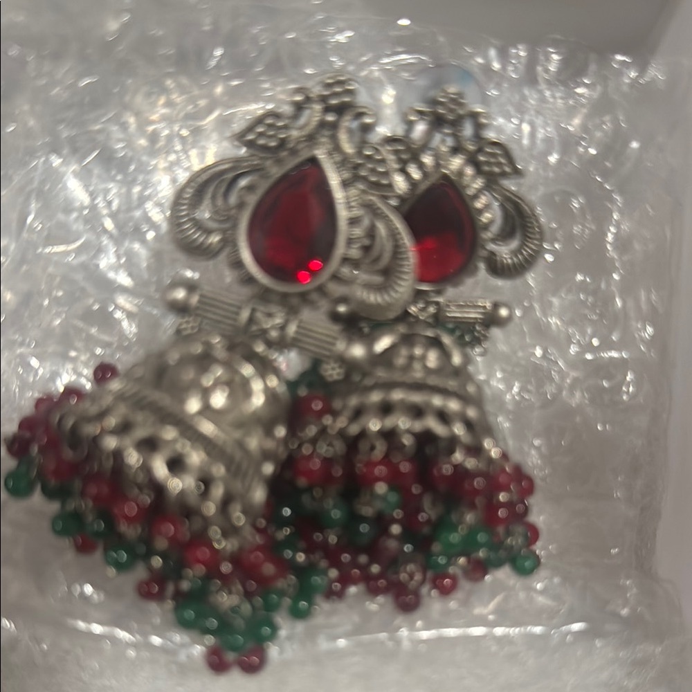 Brand New Elegant Silver Green and Red Jhumka Earrings with beads